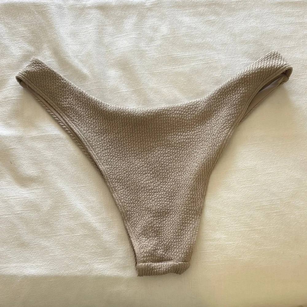 Monday Swimwear Ribbed High-Cut Bikini Bottom in Beige